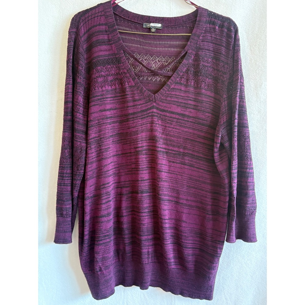 Lety & Me Womens XL Purple Space Dye Strappy V-Neck Open Knit Pullover Sweater